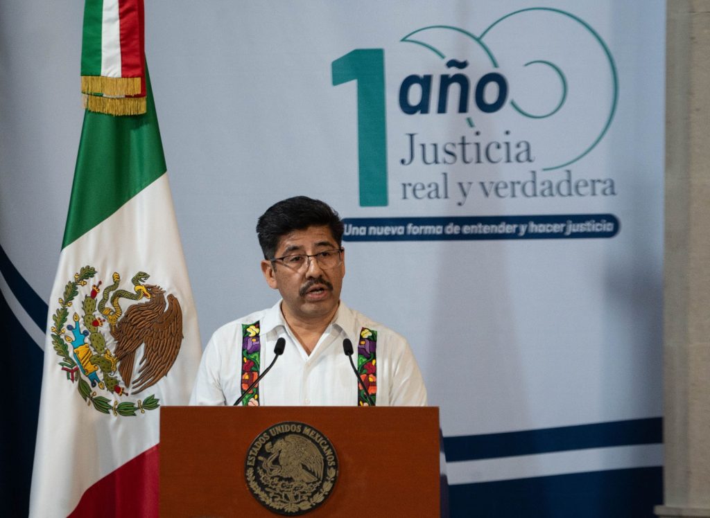 El ministro presidente de la SCJN, Hugo Aguilar Ortíz durante su mensaje.