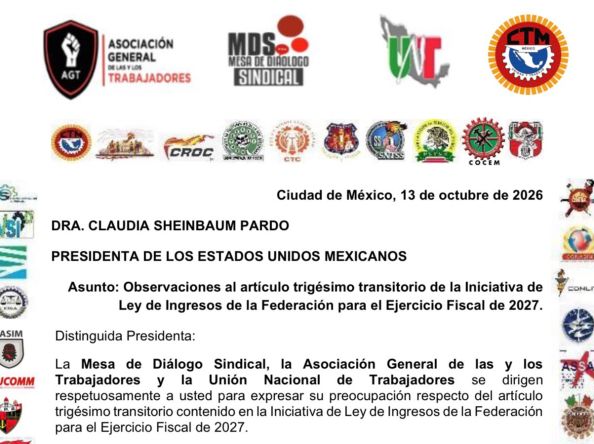 El Movimiento Obrero del País, Demanda Revisar Iniciativa de Ley de Ingresos 2027